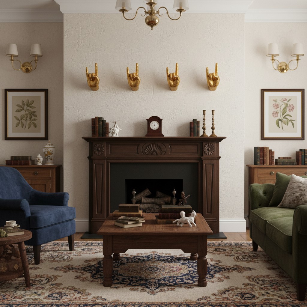 Mains décoratives dorées Kickra au-dessus d'une cheminée