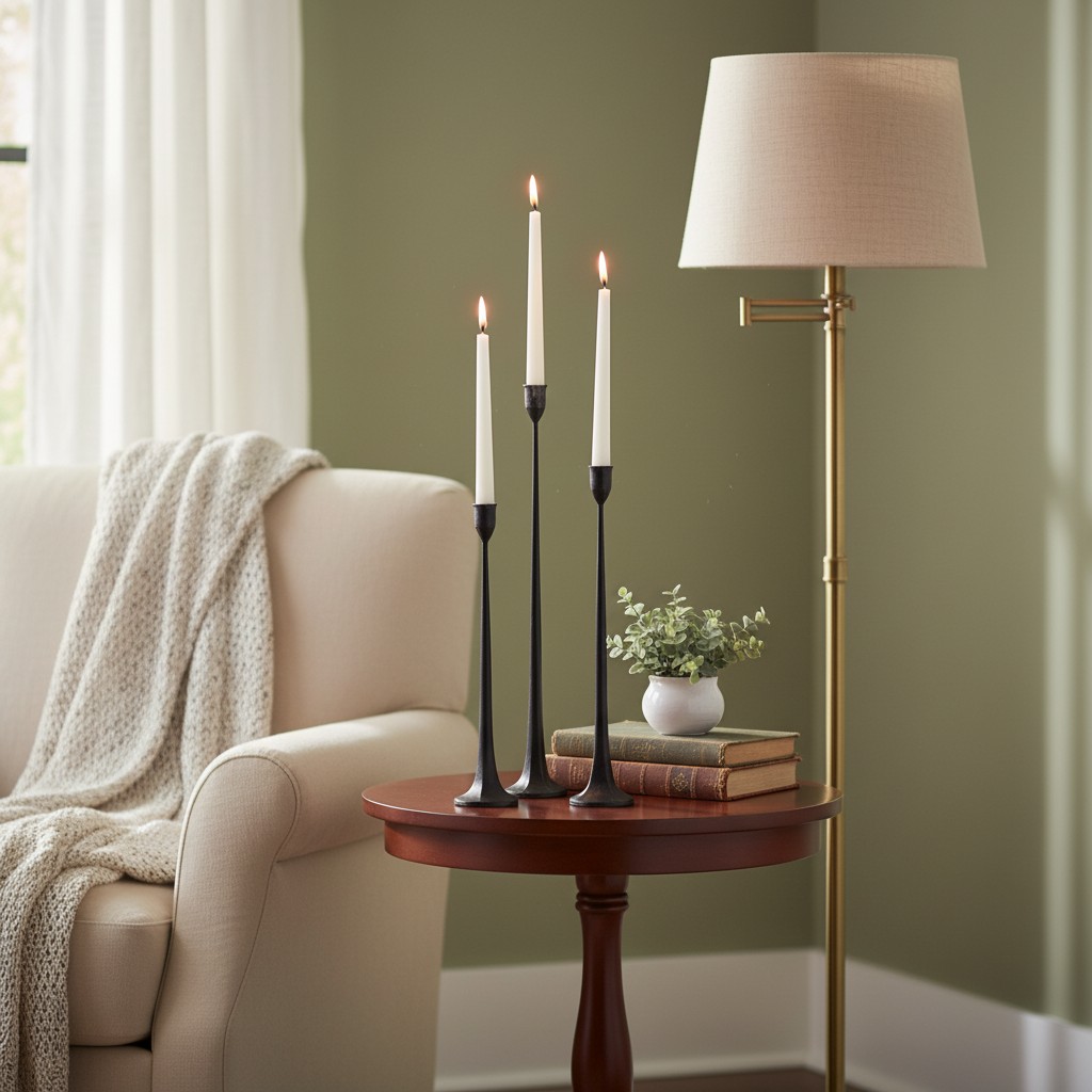 Bougeoirs Tegna sur table d’appoint près d’un fauteuil