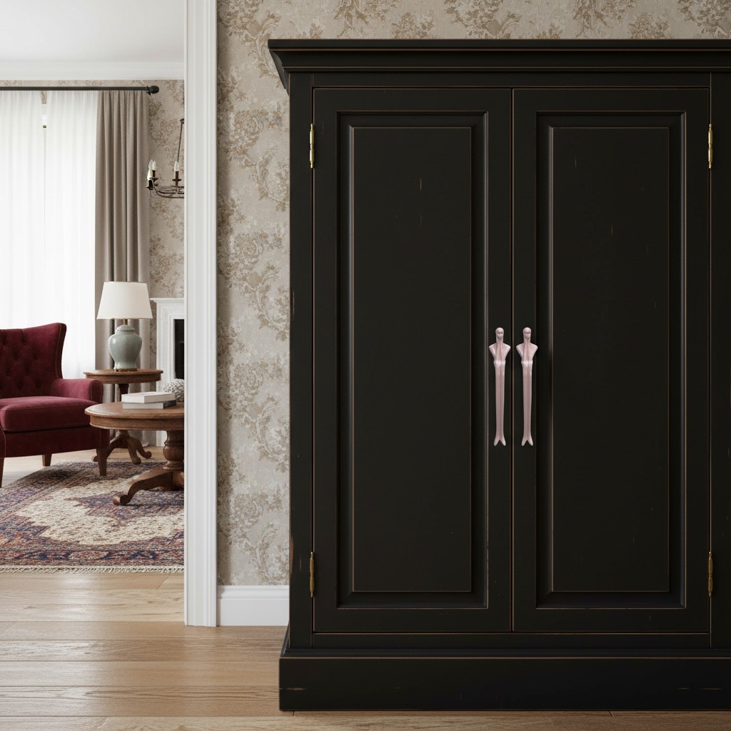 Poignées Verlitho roses installées sur une armoire noire