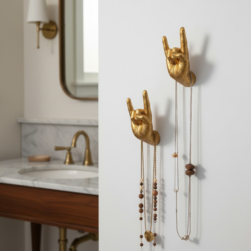 Mains décoratives dorées portant des colliers près d'un miroir