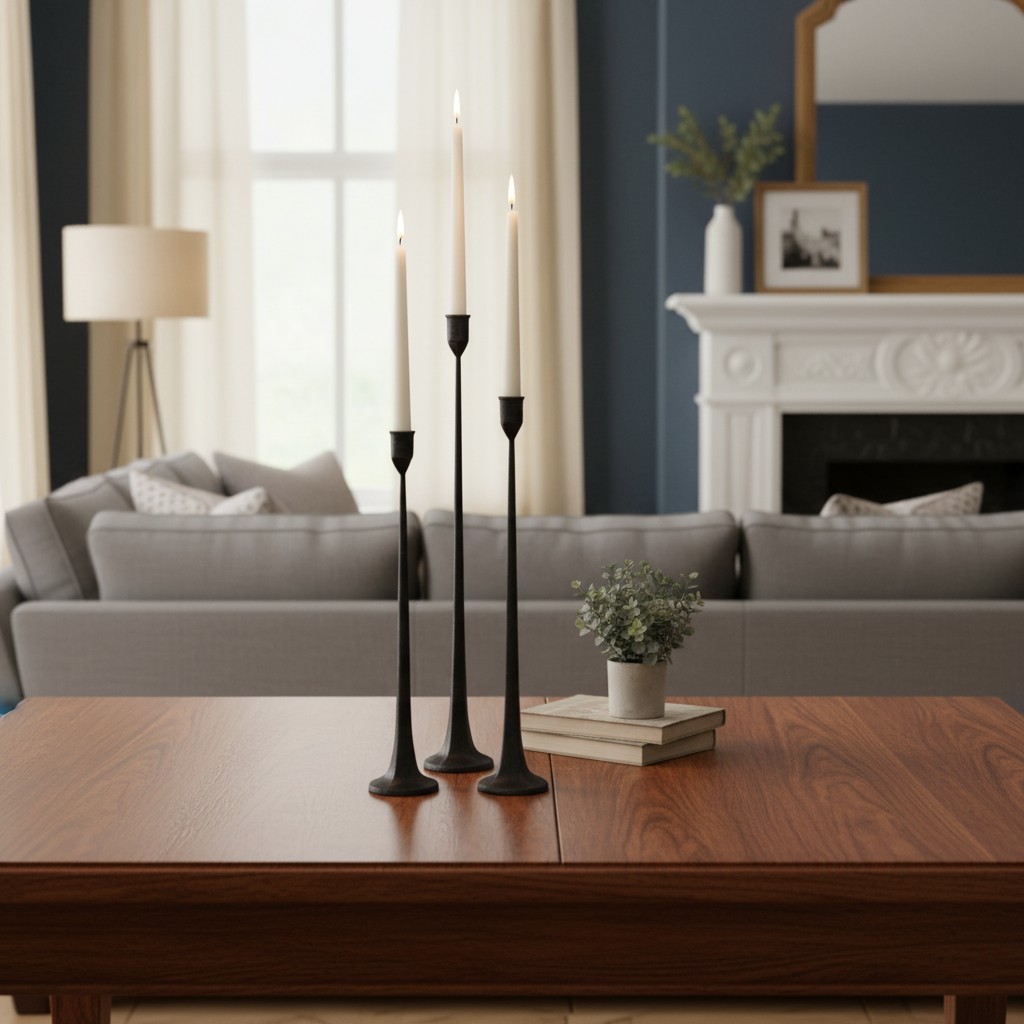 Bougeoirs coniques noirs Tegna sur table basse de salon
