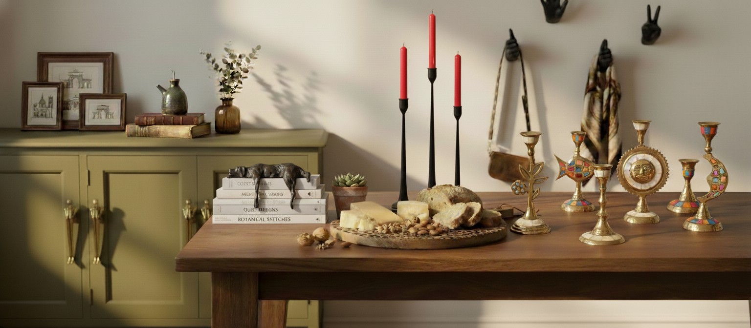 Pièces emblématiques présentées avec des bougeoirs et objets décoratifs