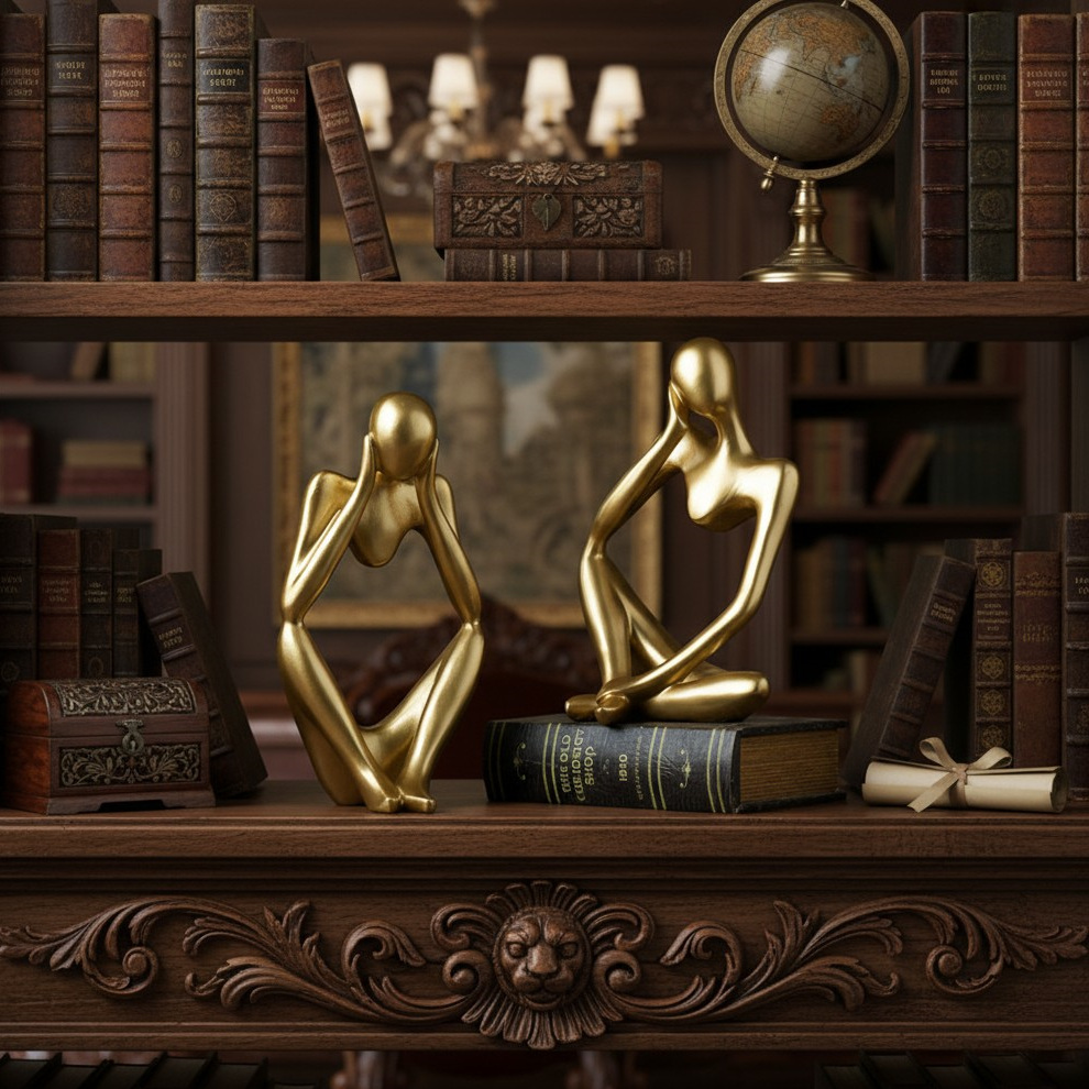 Figurines dorées Floxo sur une étagère de bibliothèque