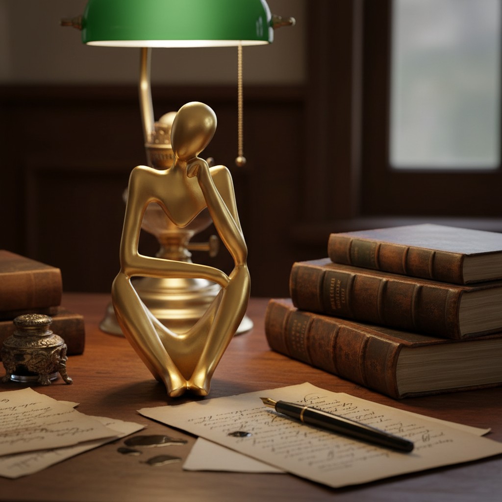 Sculpture humaine dorée Floxo sur un bureau avec des livres