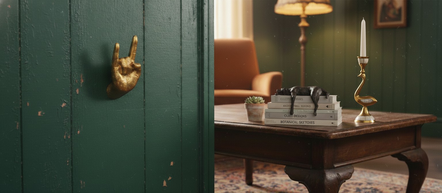 Pièces emblématiques dans un intérieur vert