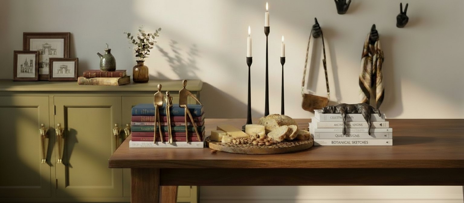 Pièces emblématiques Floxo disposées sur une table avec des sculptures et des livres