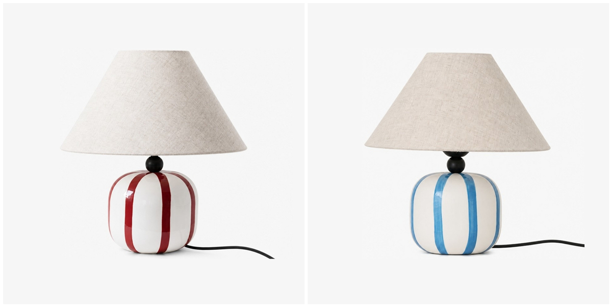 Deux finitions de la lampe Ceruna en rouge et blanc et bleu et blanc