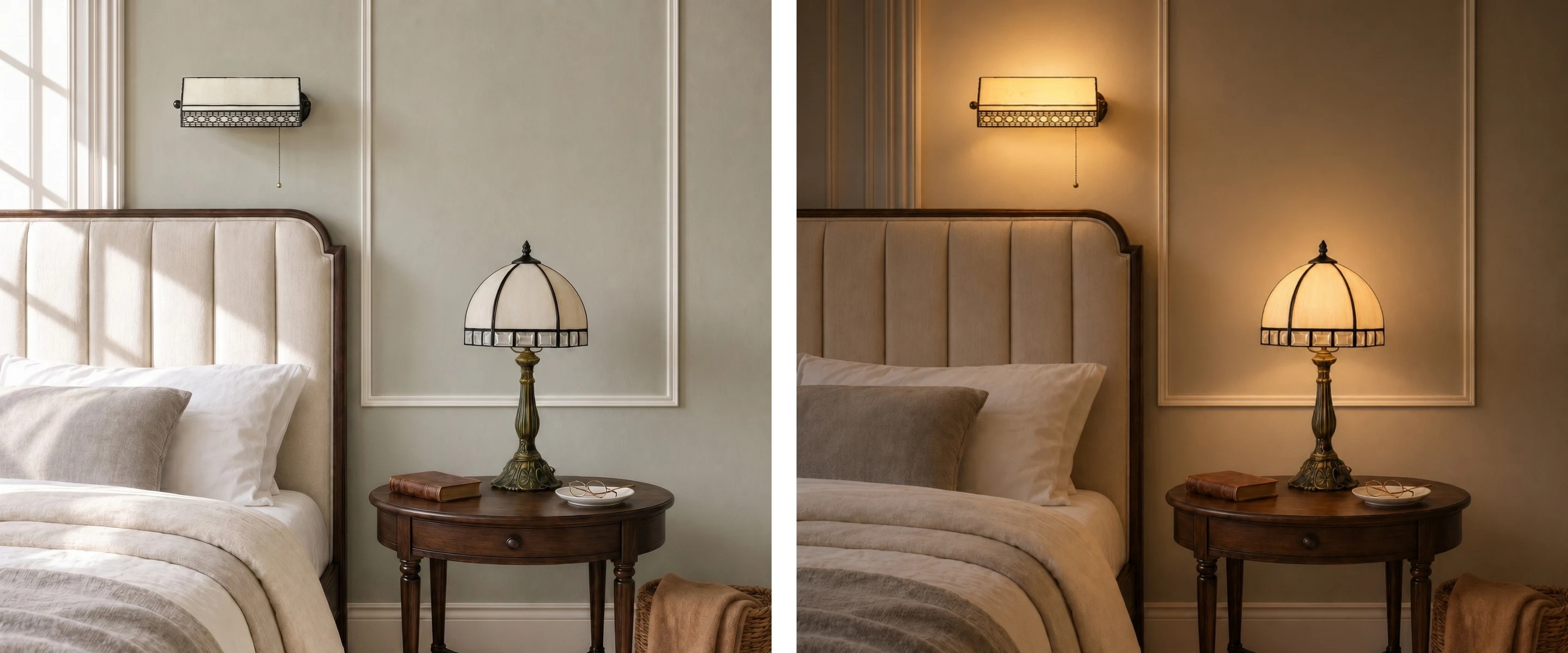 Lampe Tiffany allumée dans une chambre chaleureuse