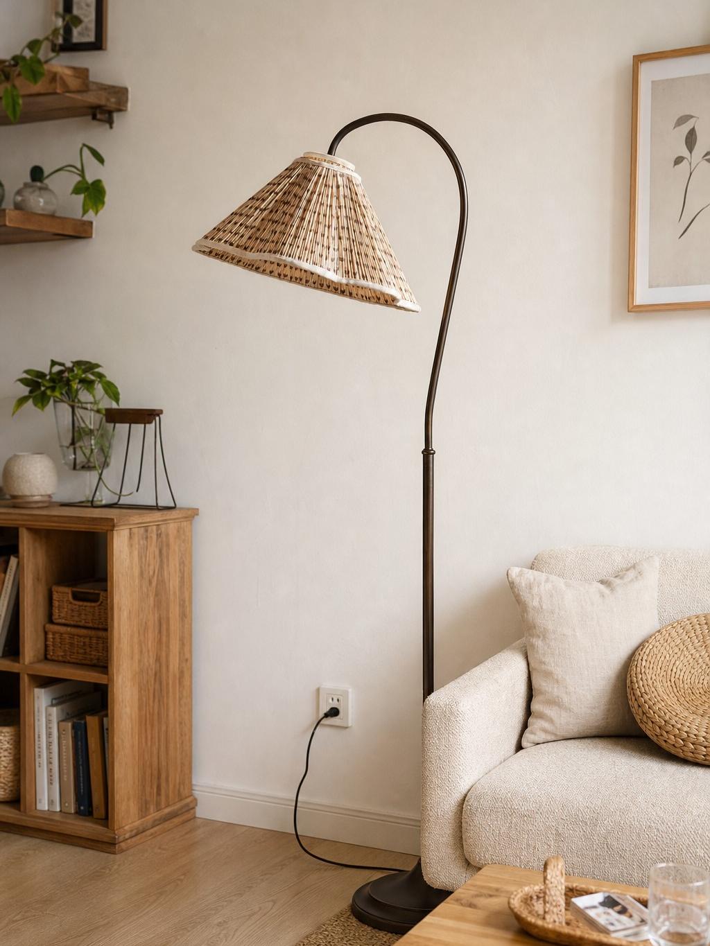 Inspiration maison avec lampadaire floral allumé près d'un fauteuil