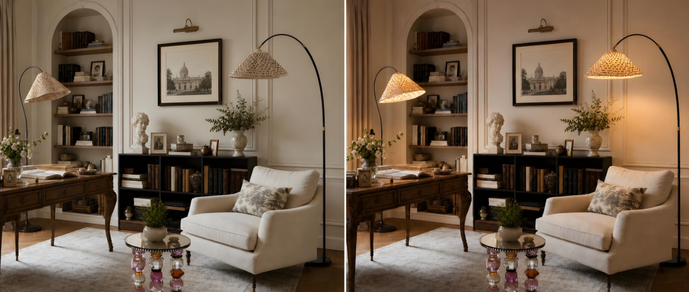 Lampadaire Veslin montré de jour et de nuit dans un intérieur