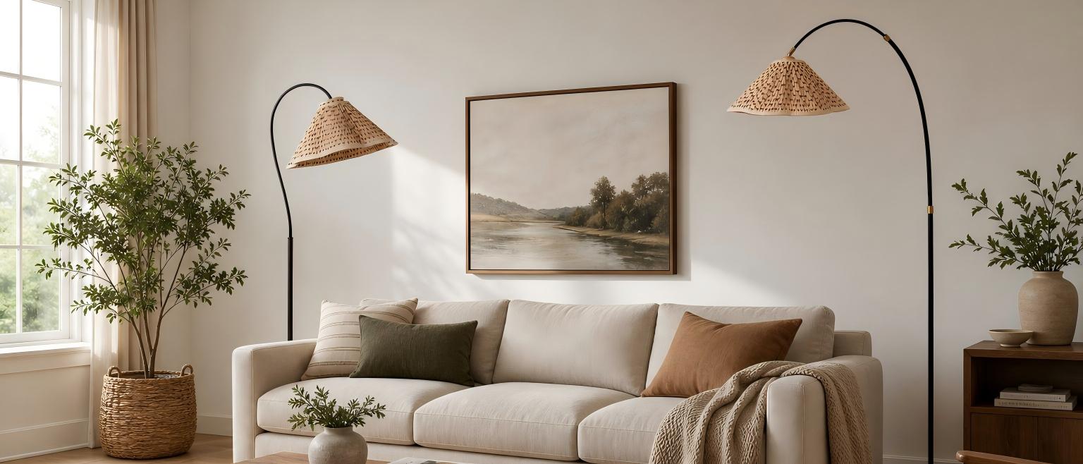 Veslin French style floral arc floor lamp in a living room