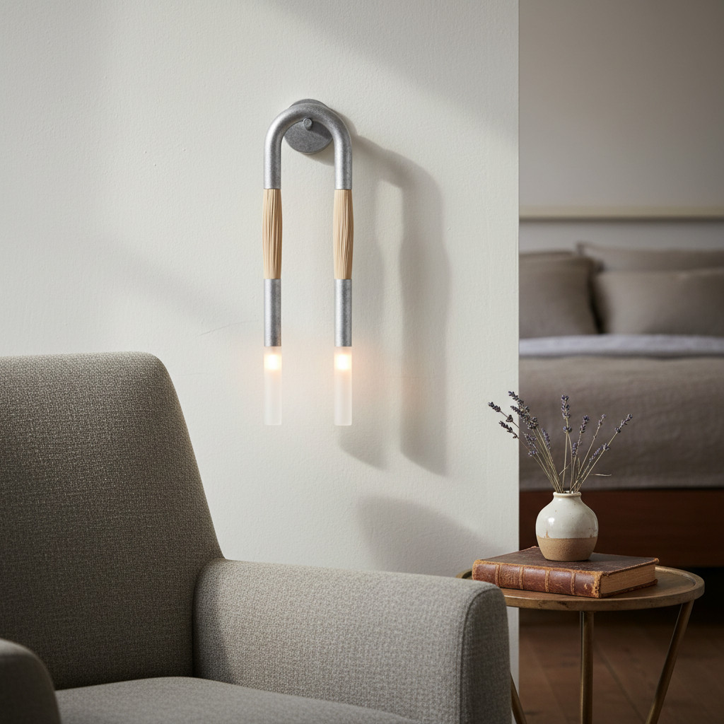 Nickel Strandia vägglampa bredvid en stol