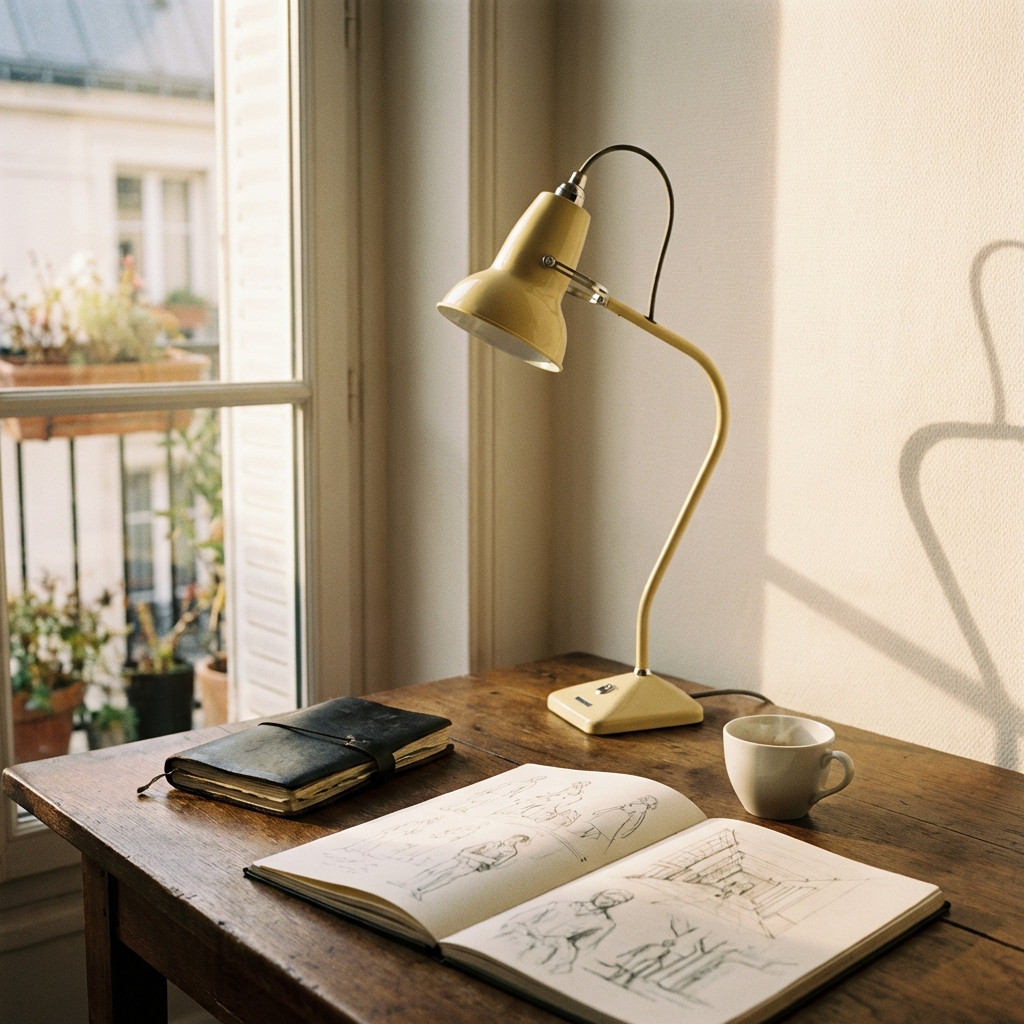 Lampe Modryx sur un bureau près d'une fenêtre