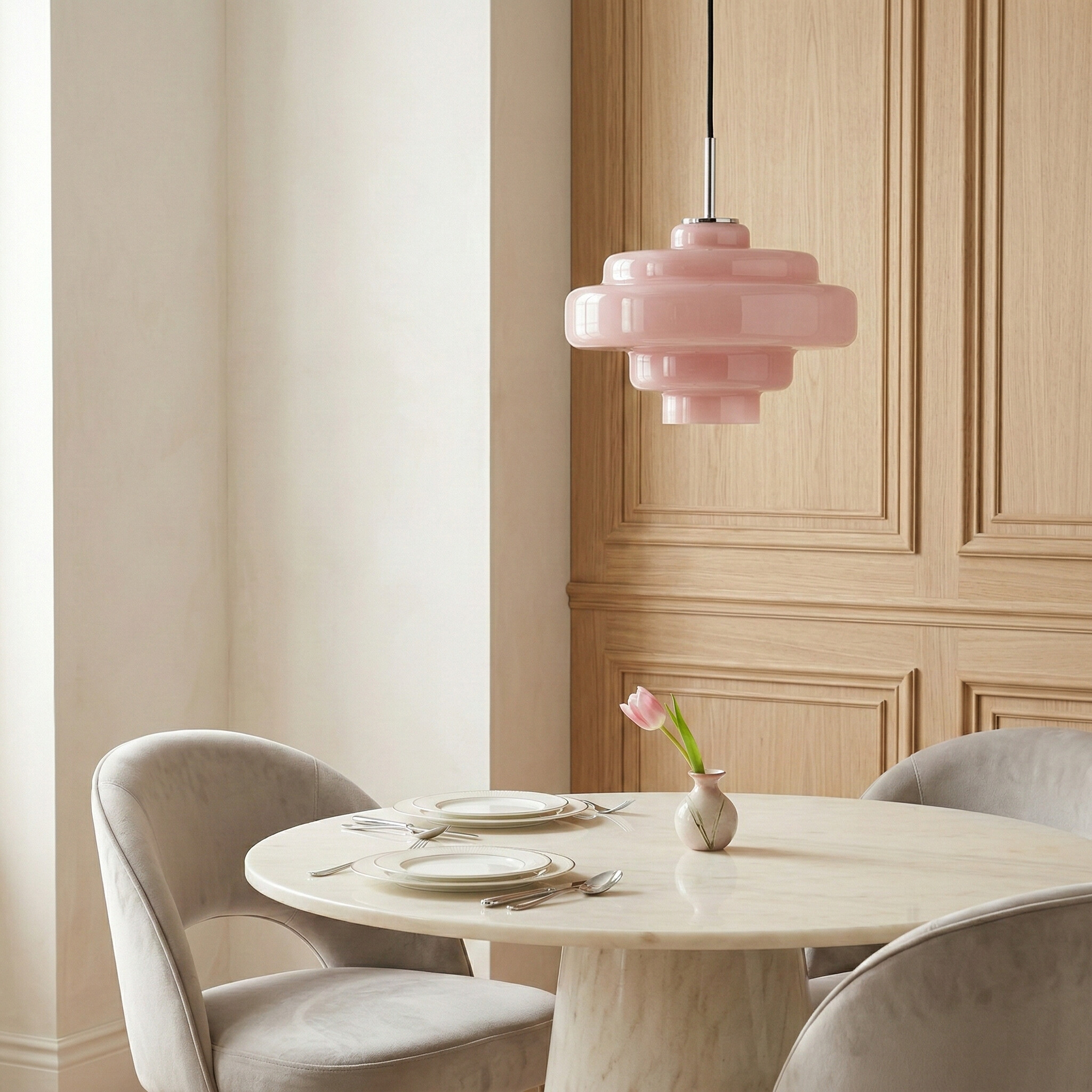 Suspension Malero rose dans un coin repas