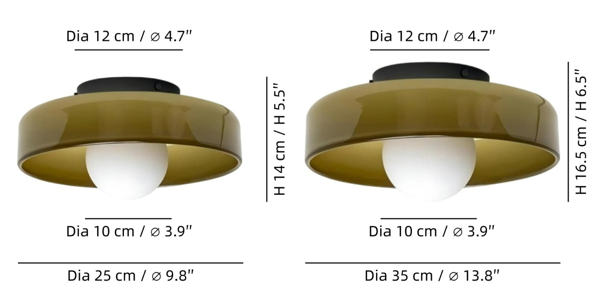 Glasenti Halo Disc Orb lamp size diagram for Size A and Size B
