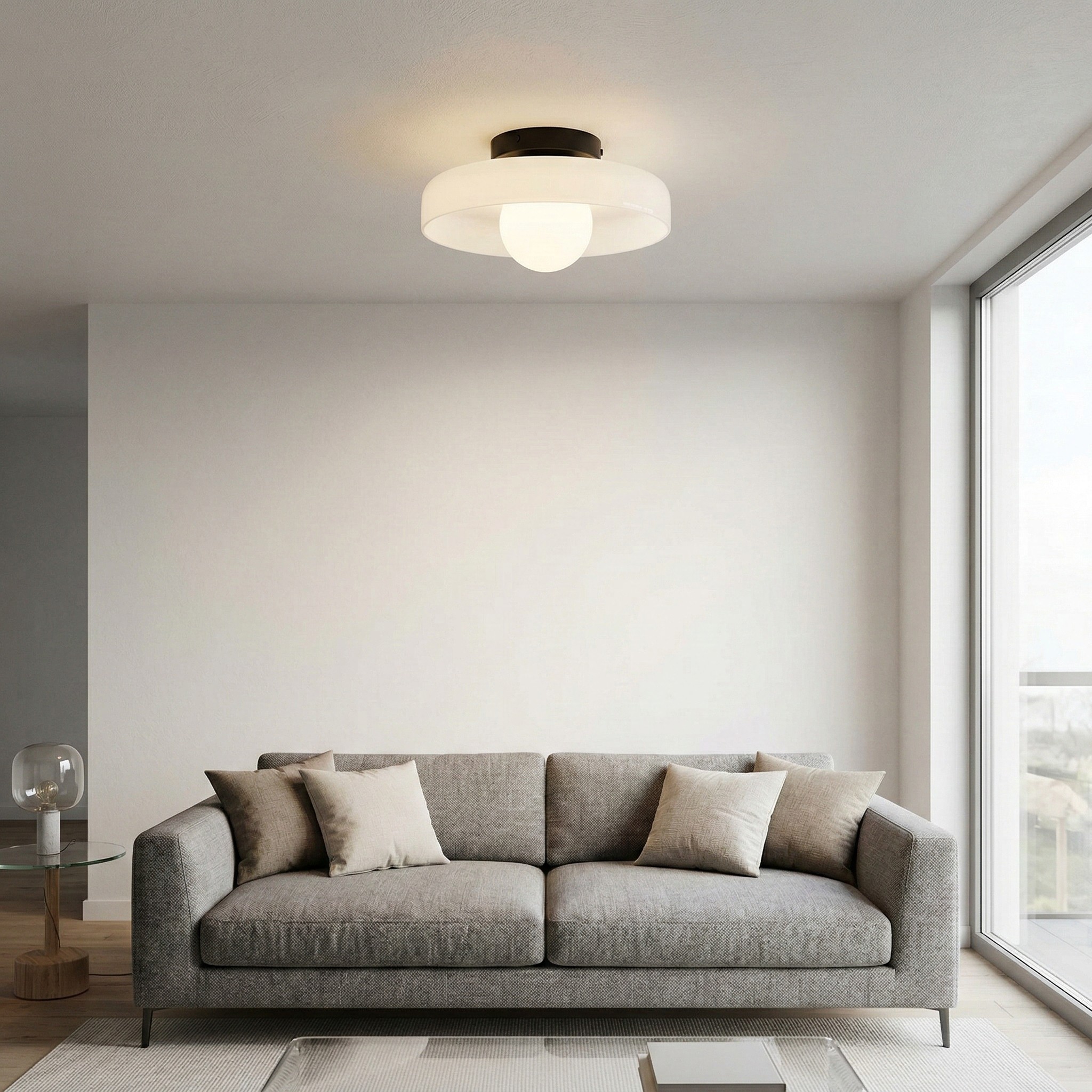 White Glasenti Halo Disc Orb ceiling lamp in a living room