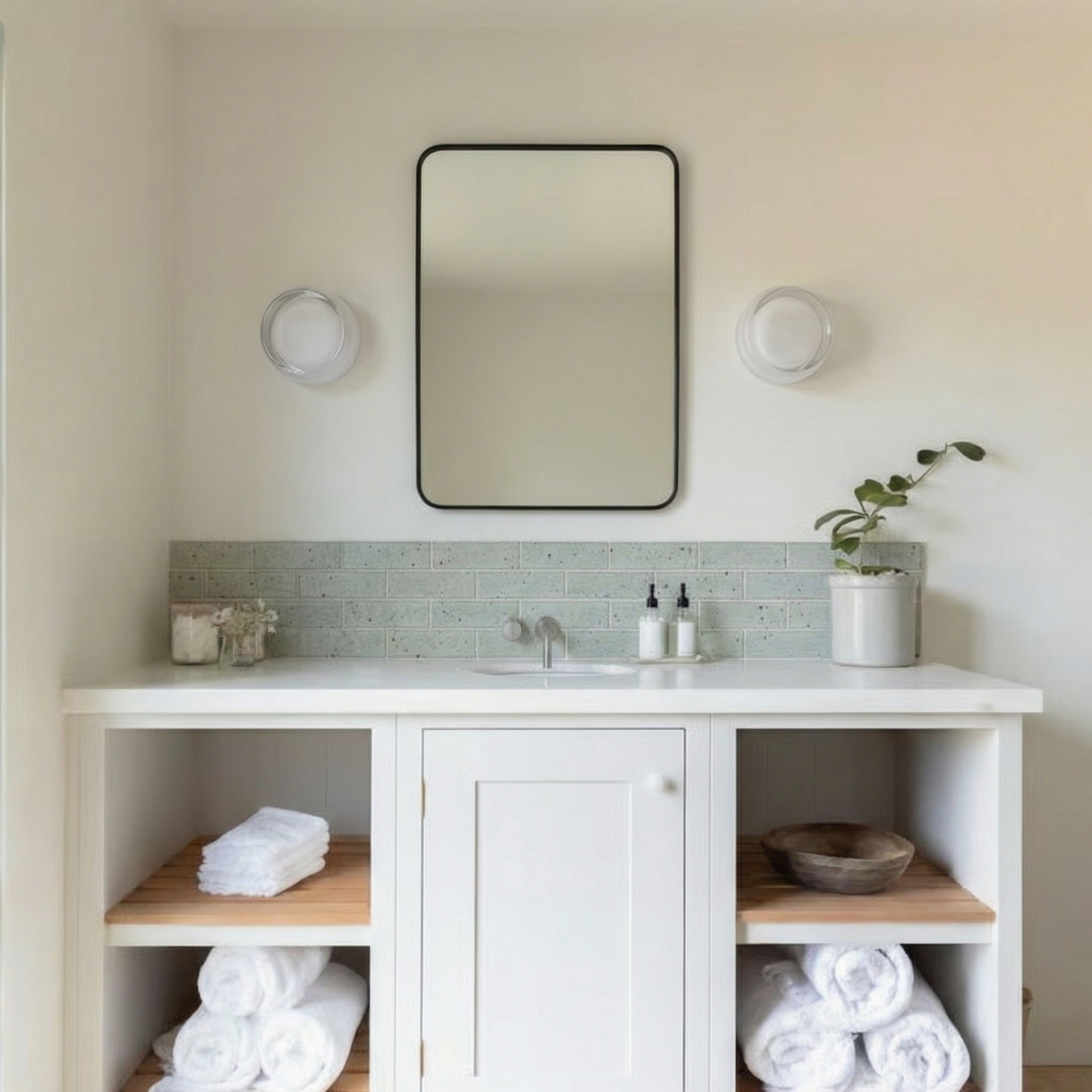 Appliques LumiCurve blanches dans une salle de bain claire