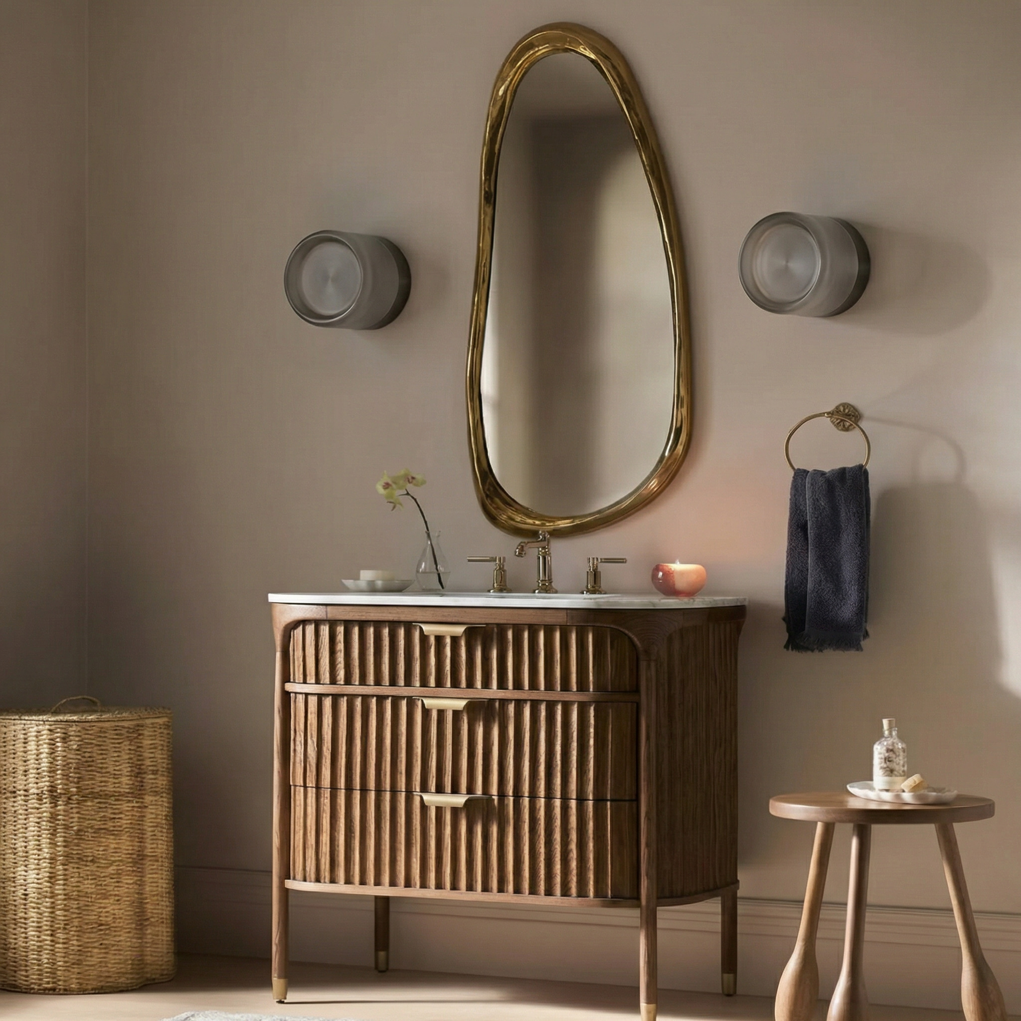 Appliques LumiCurve fumées dans une salle de bain chaleureuse