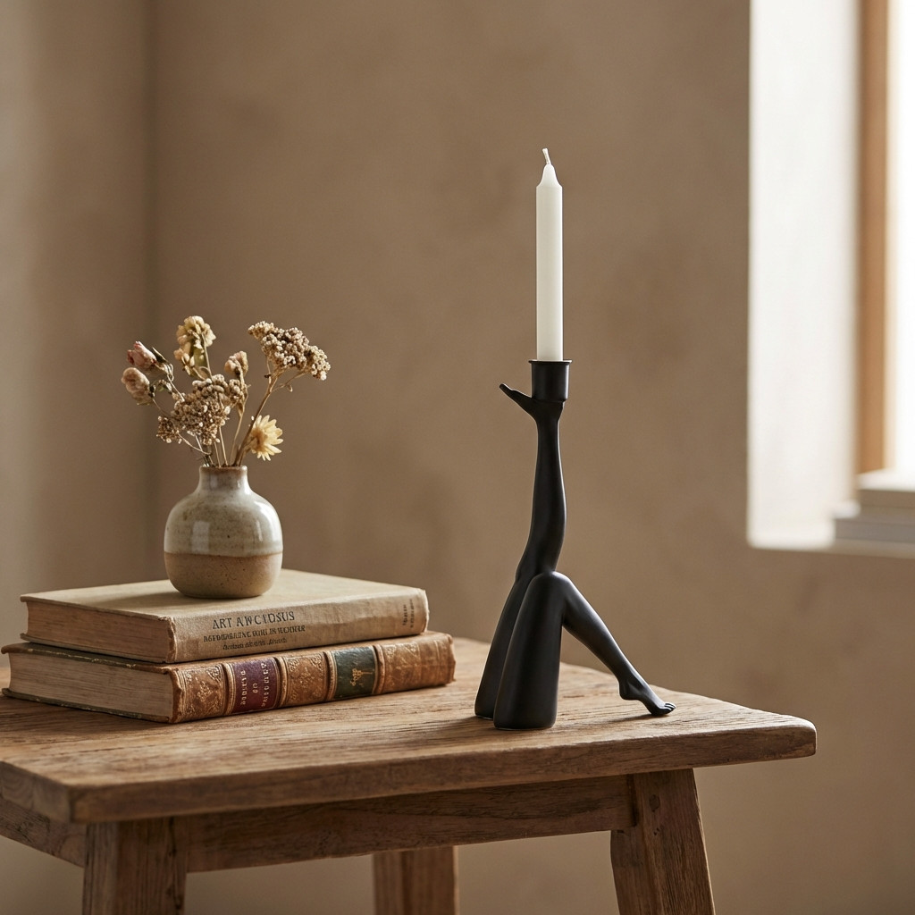 Bougeoir Kickra noir sur table en bois