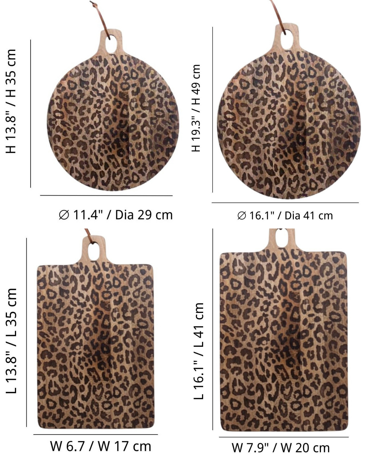 Dimensions disponibles de la planche de service en bois de manguier à motif léopard