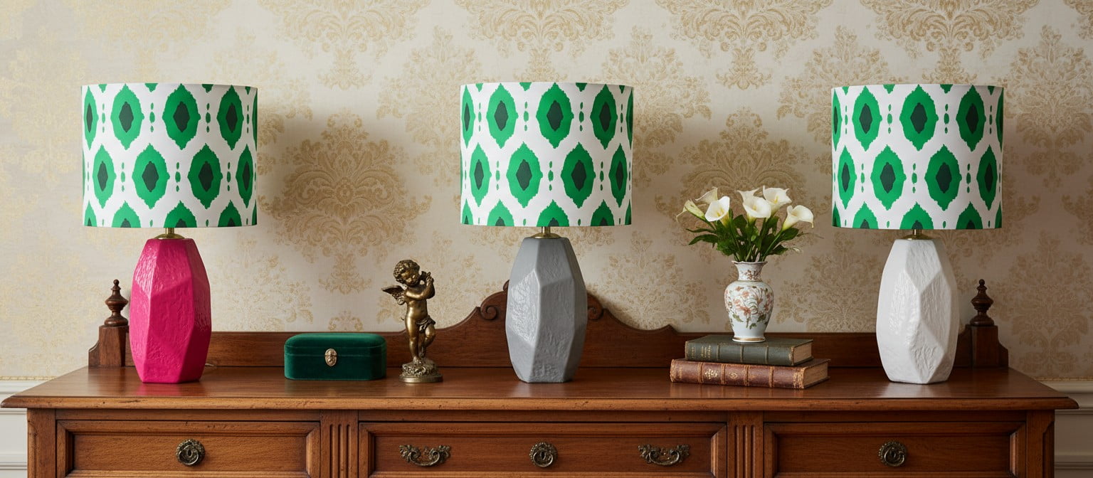 Trois finitions de la lampe Arivane sur un buffet