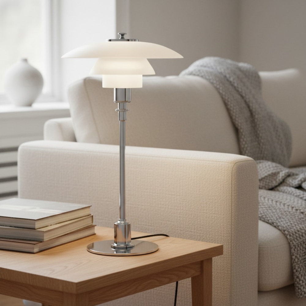 Layora stainless steel table lamp near a sofa