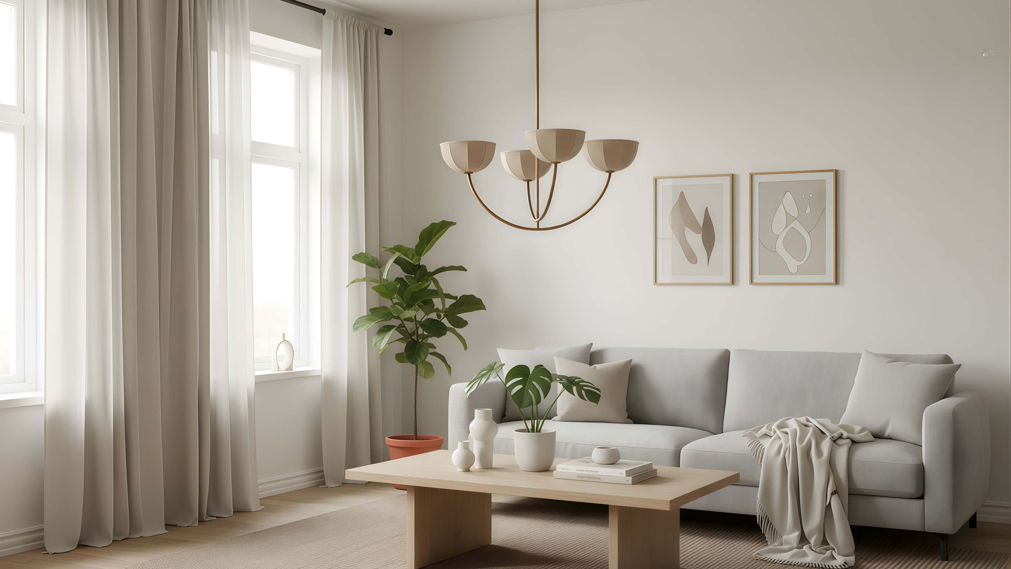 Lustre Loomis dans un salon lumineux avec canapé et rideaux
