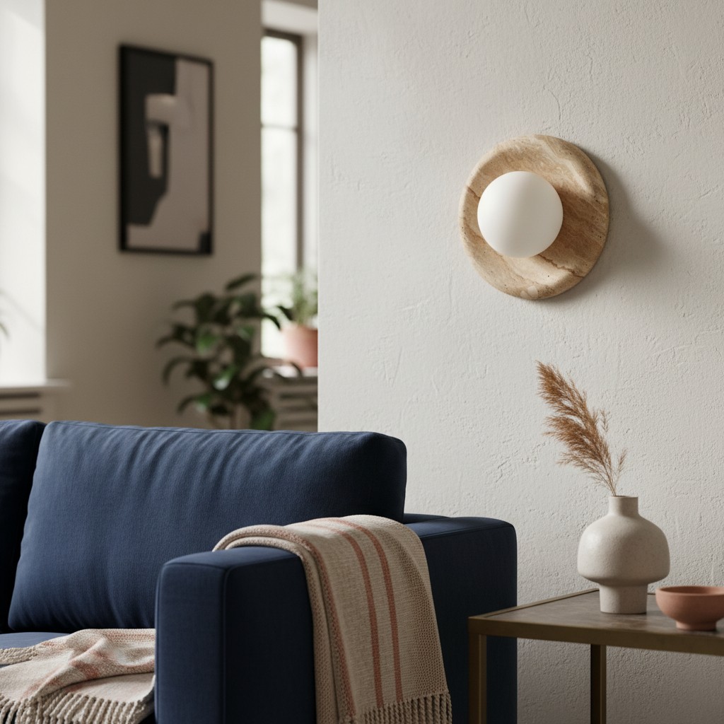 زخرفة جدارية Oria Beige dans un salon avec canapé bleu