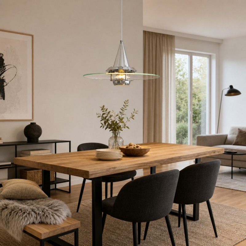 Chrome Moxellan pendant light above a dining table