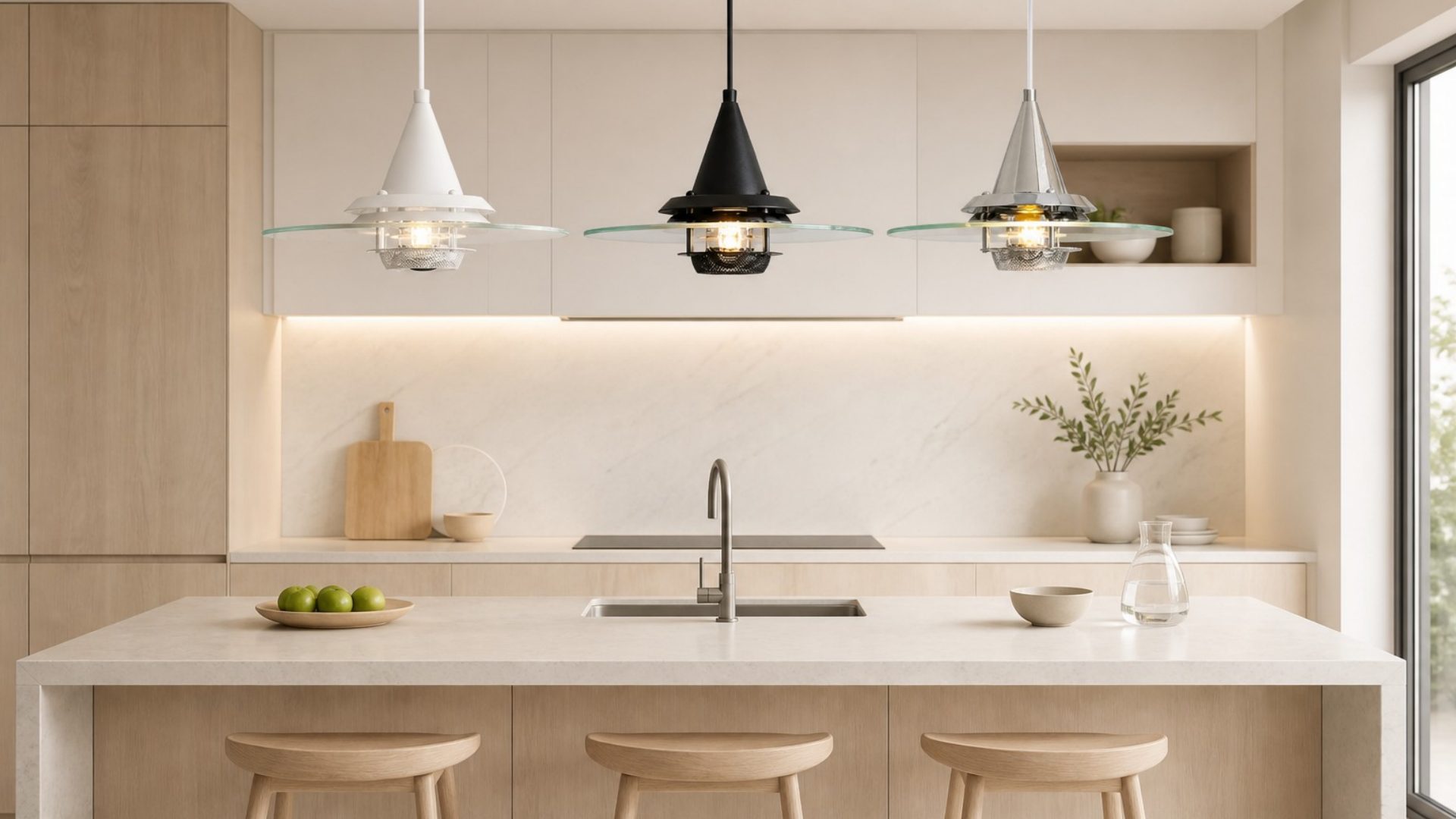 Three Moxellan pendant lights above a kitchen island