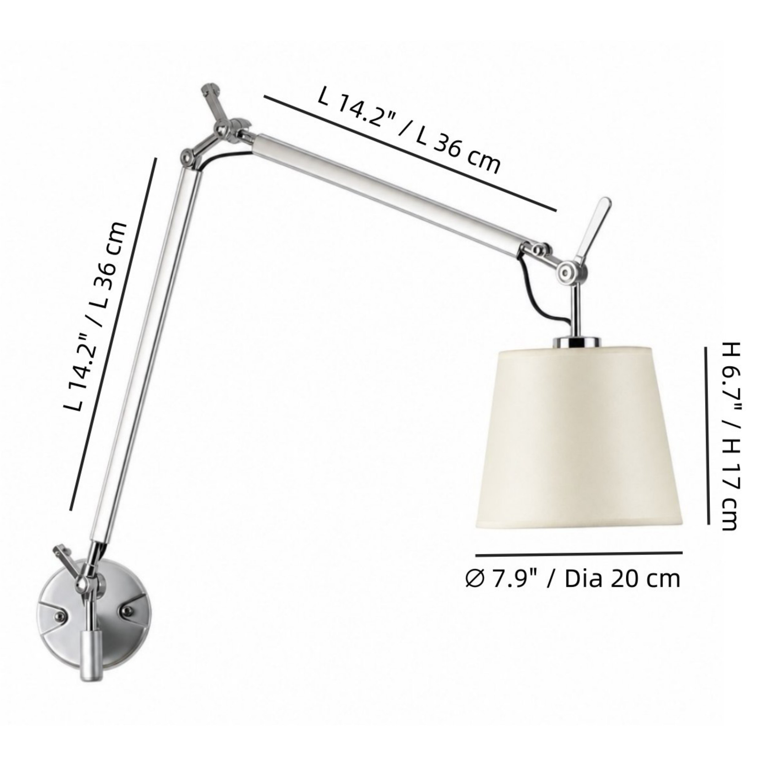 Dimensions de la version longue avec abat-jour en tissu
