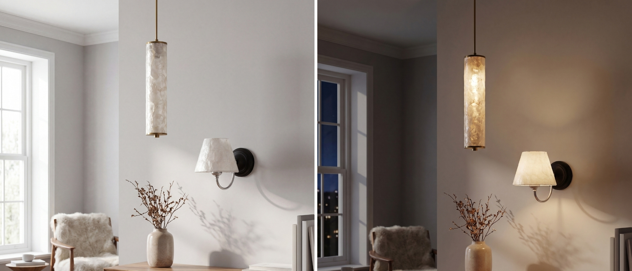 Capiz shell pendant light in a bright room