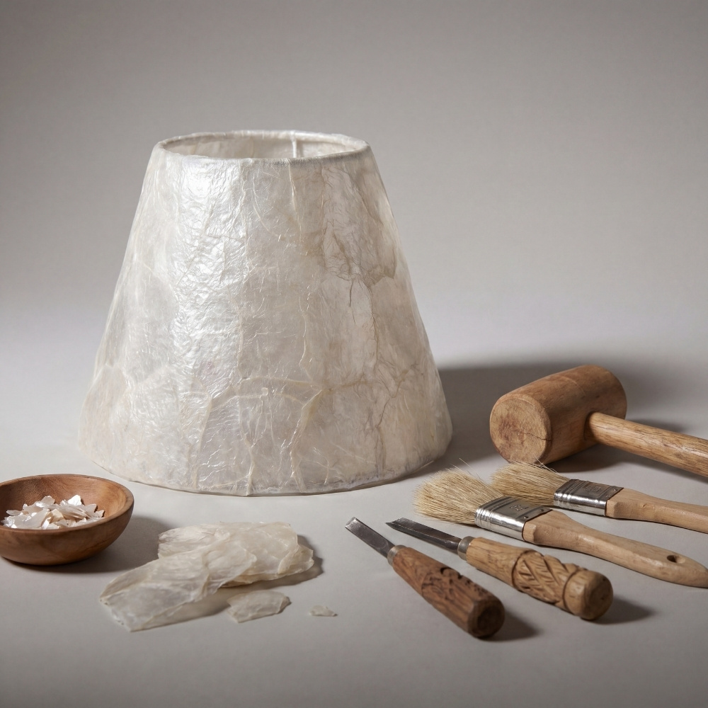 Handcrafted Capiz shell shade with tools