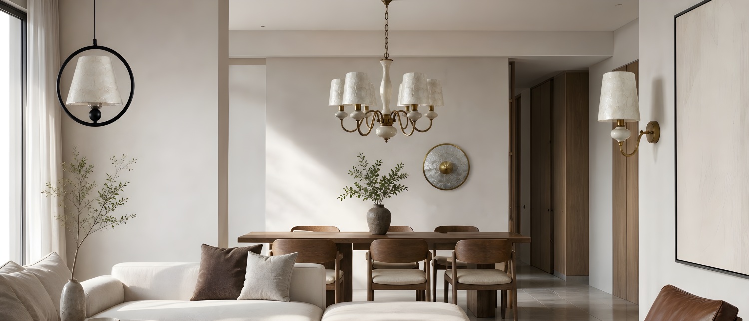 Shellure Ceramic Seashell Wall Lamp in a calm dining and living room