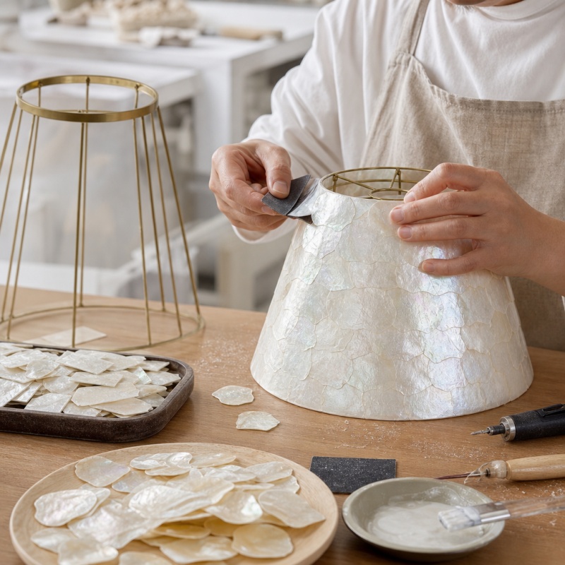 Assemblage artisanal de l'abat-jour en coquillage