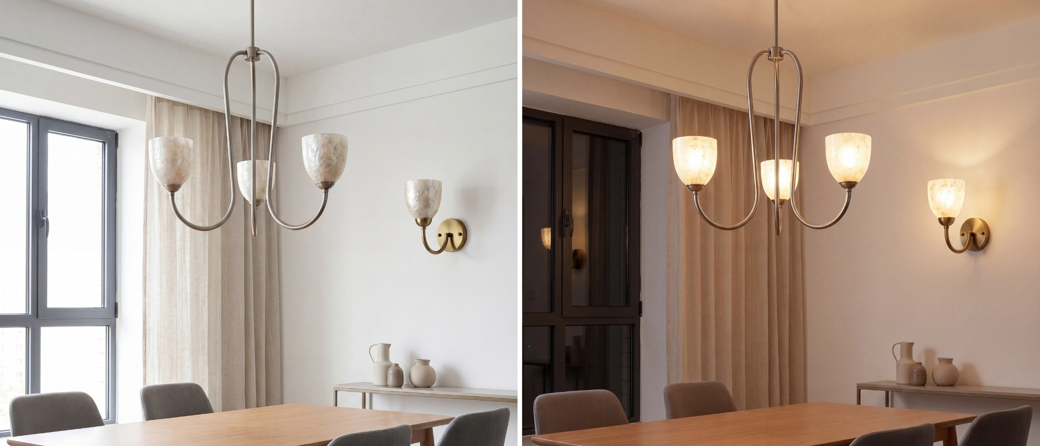 Capiz shell pendant light glowing at night