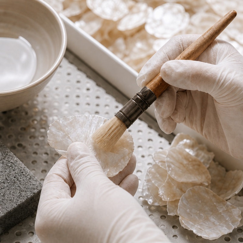 Travail manuel sur une coquille de Capiz