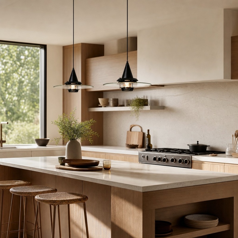 Moxellan pendant lights above a kitchen island
