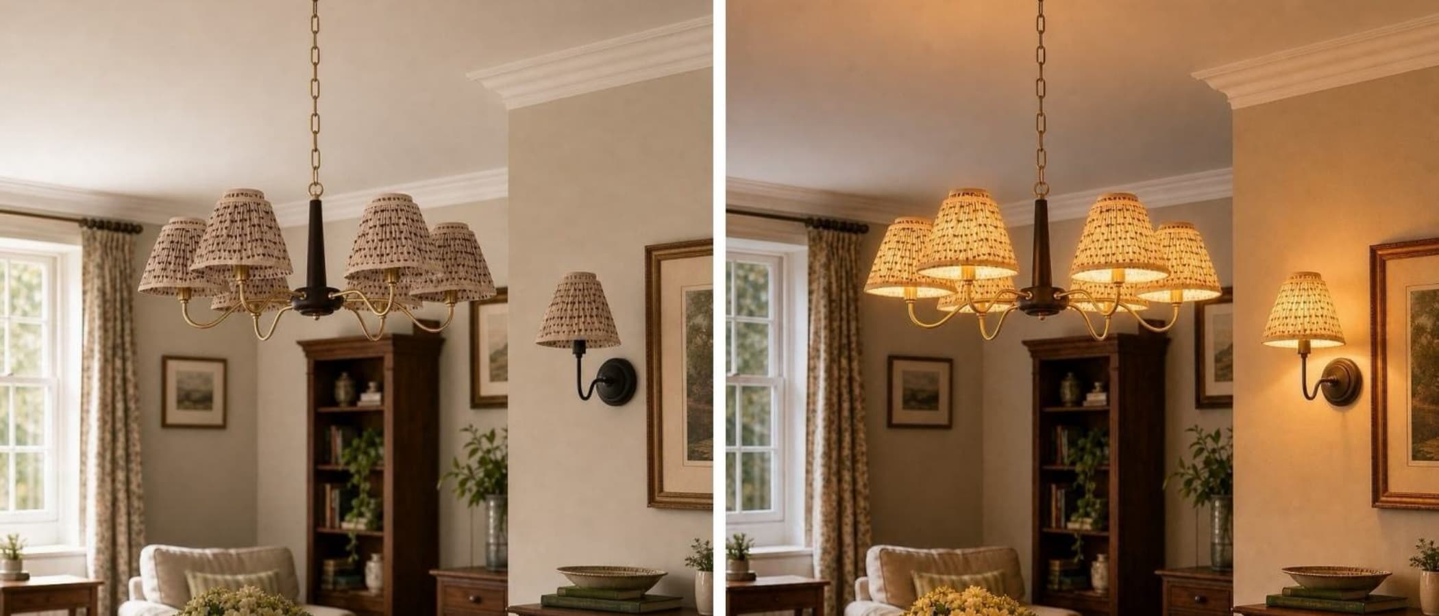 Solmire chandelier glowing in a warm room