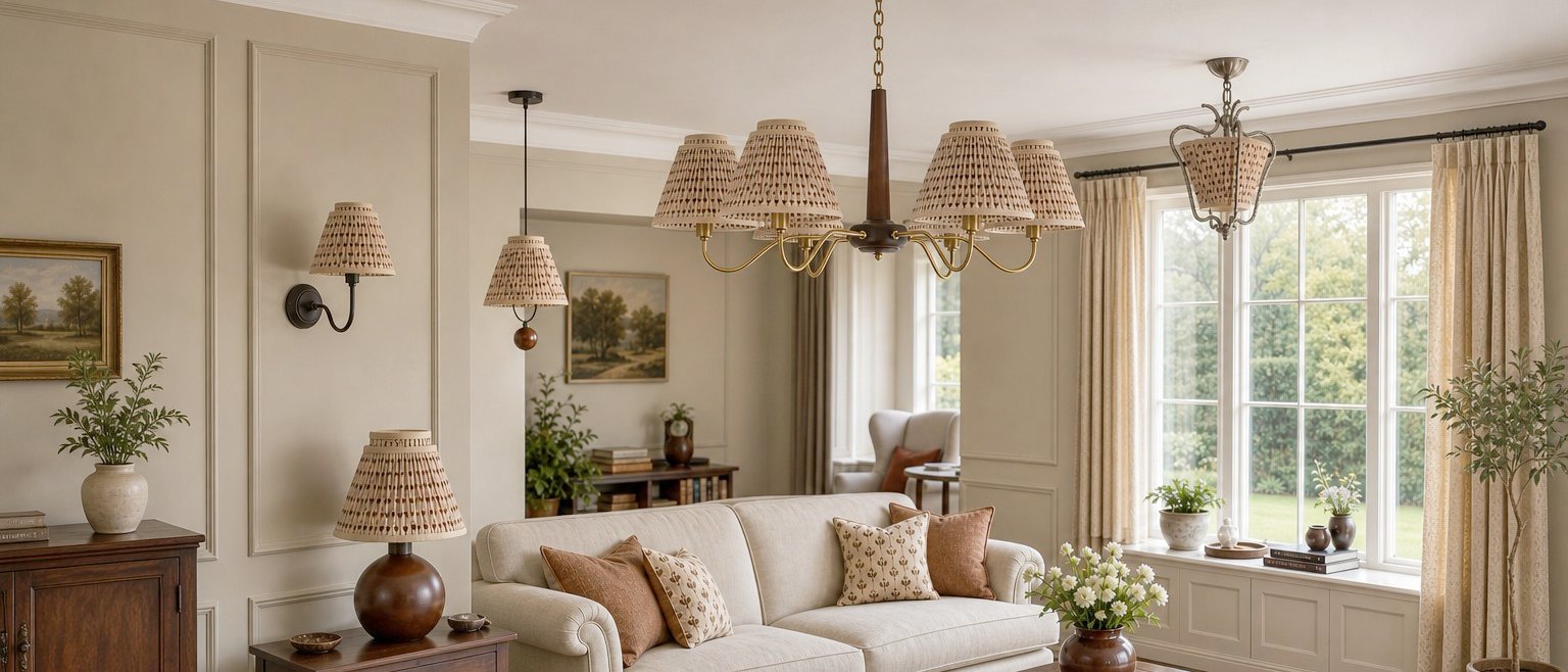 Solmire Decorative Floral Fabric Pendant Light in a warm living room