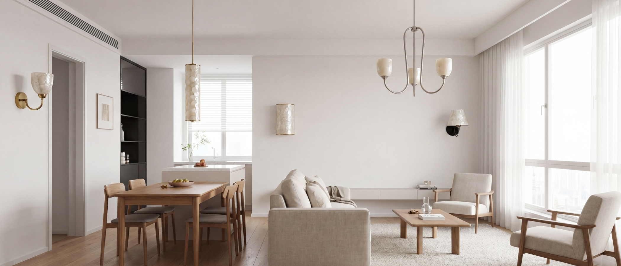 Nacrelith Capiz shell pendant lights in a calm living and dining space