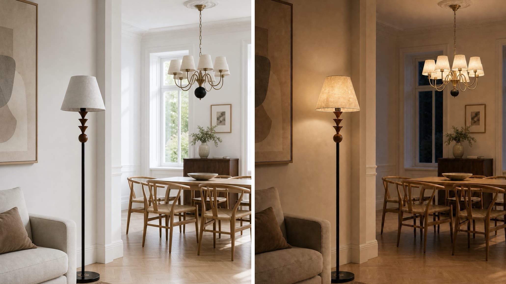 Micahell floor lamp in day and evening spaces