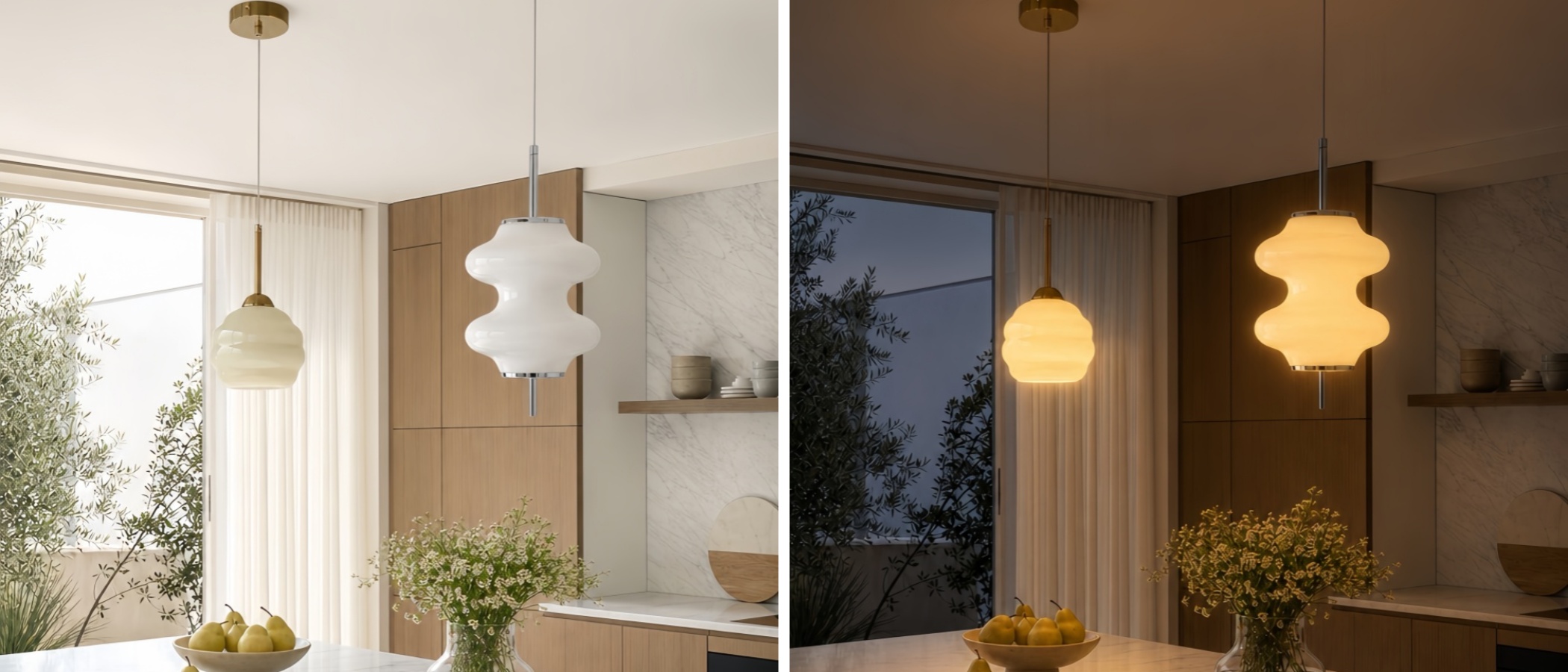 Mallew pendant lights in day and warm night settings