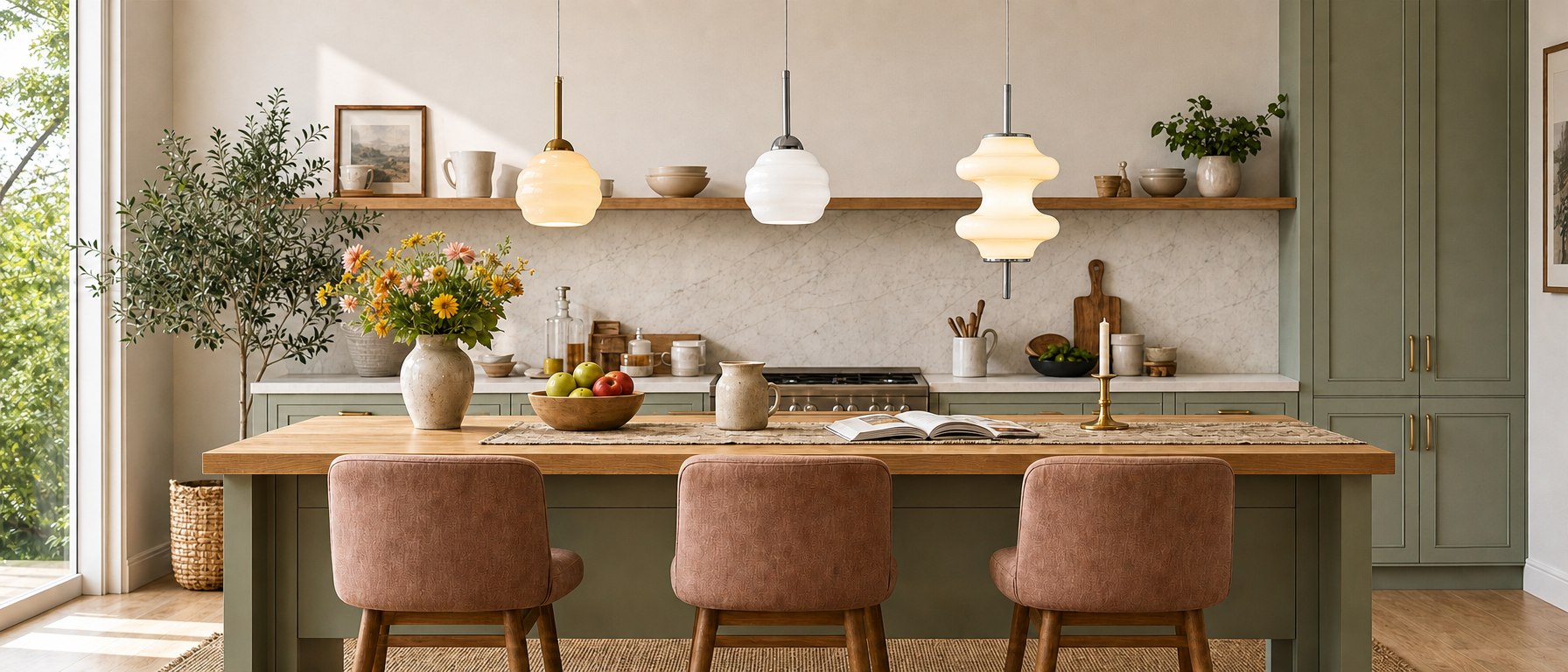 Mallew pendant lights above a kitchen island