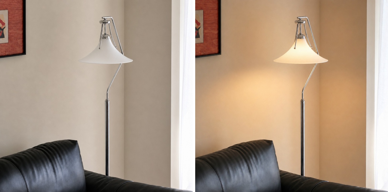 Comparaison de lumière éteinte et allumée du lampadaire Magnolia