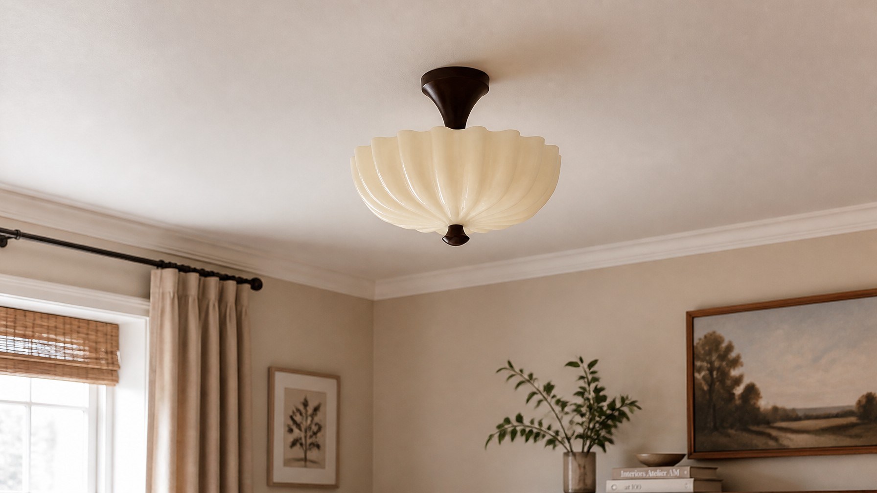 Plafonnier crème de style vintage installé dans un intérieur chaleureux