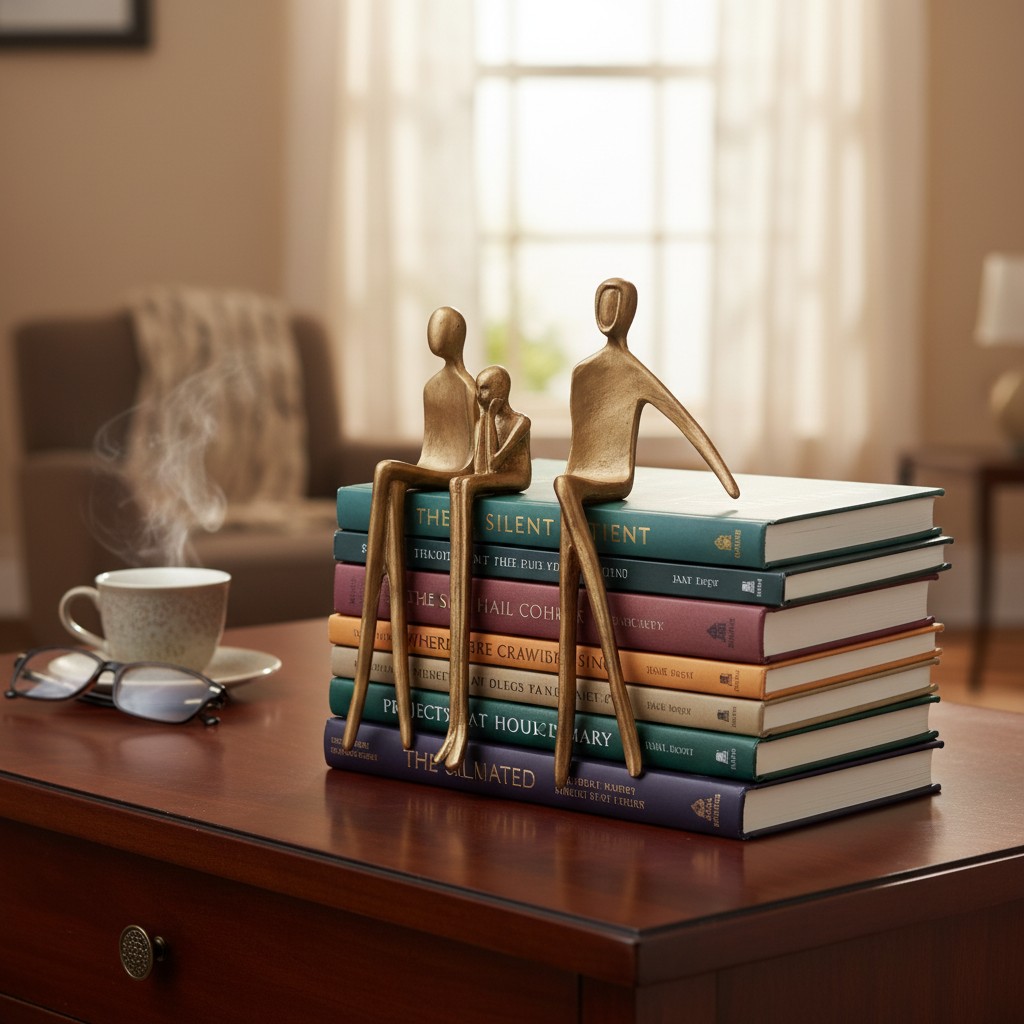 Figurines humaines Floxo maintenant des livres sur un bureau