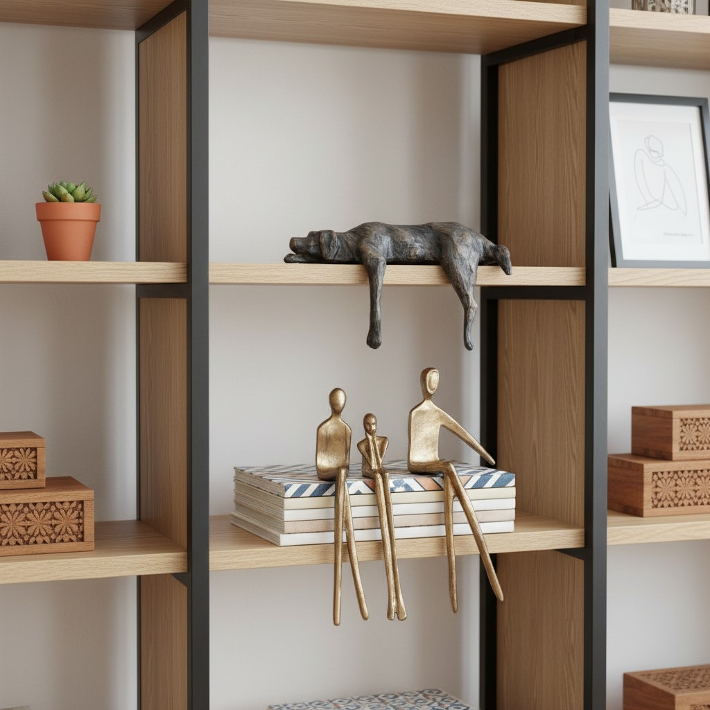 Sculpture Lazy Dog et figurines humaines abstraites Floxo sur une étagère