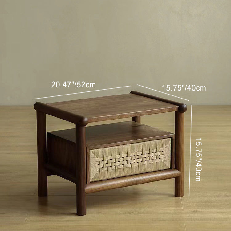 Masupu Comodino Extra Large In Rattan E Legno Boho | Con Cassetto E Ripiano, Nero, 48x40x64 Cm