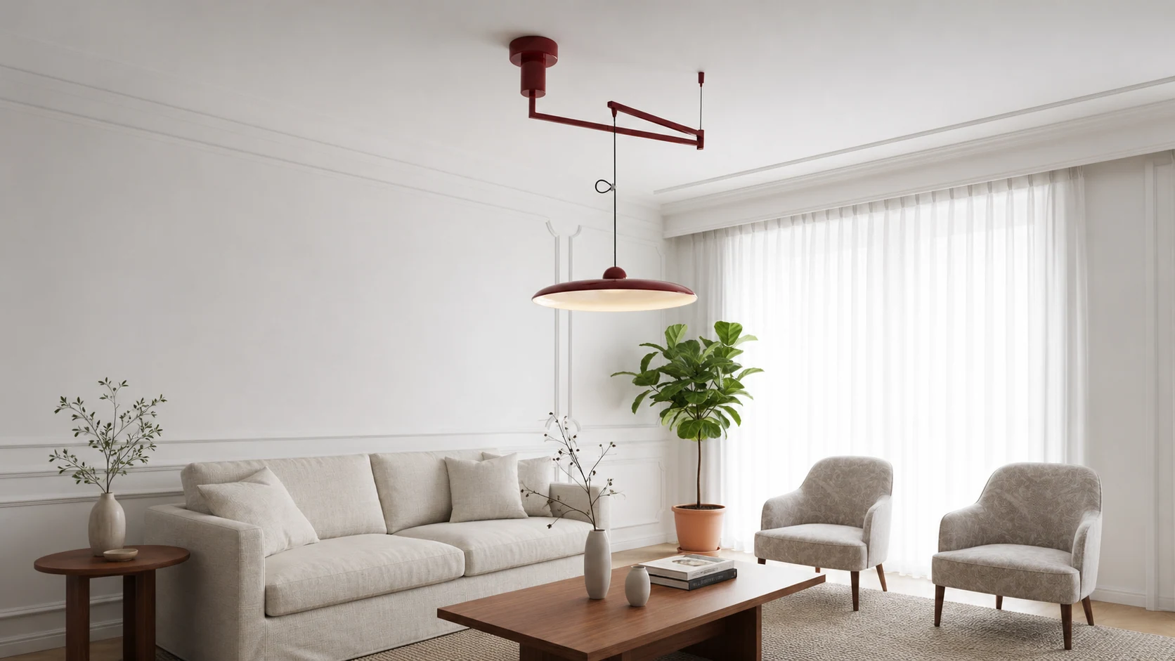 Swinglo adjustable disc pendant lamp in a dining room setting